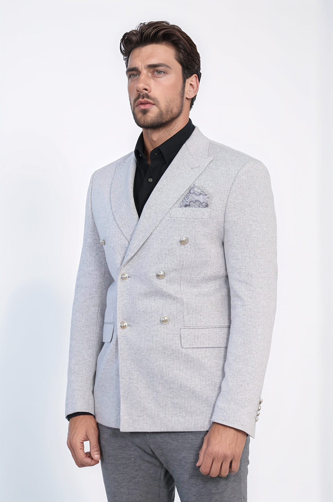 Gri Çizgili Gümüş Rengi Metal Düğmeli Slim Fit Kruvaze Blazer – Wessi