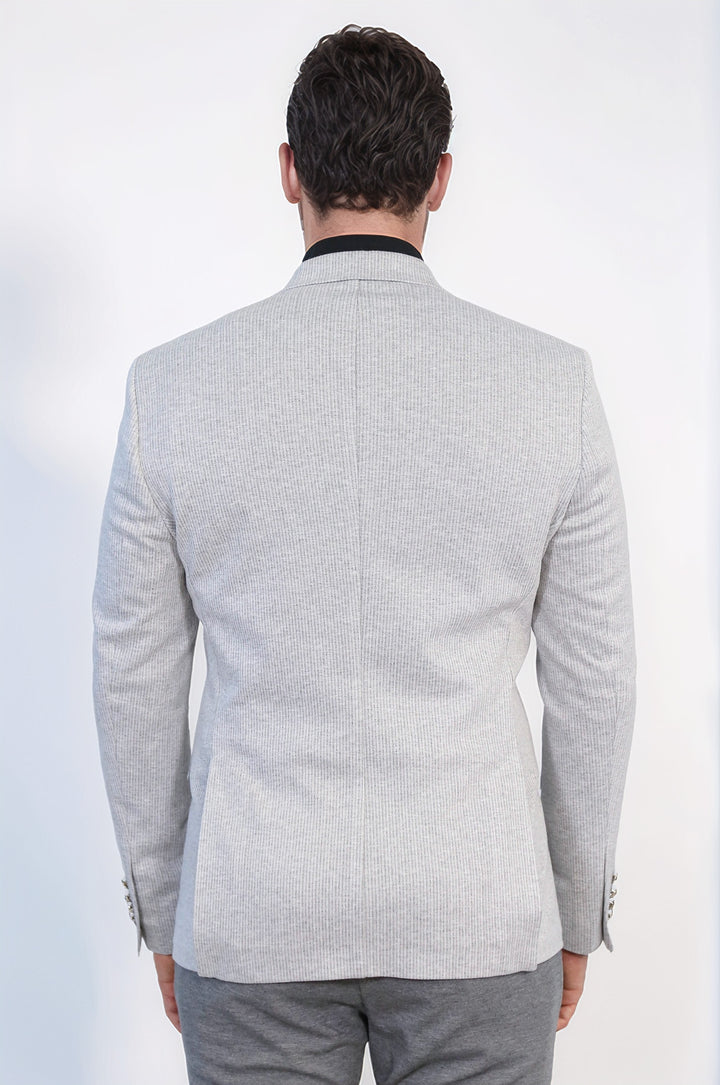 Gri Çizgili Gümüş Rengi Metal Düğmeli Slim Fit Kruvaze Blazer – Wessi