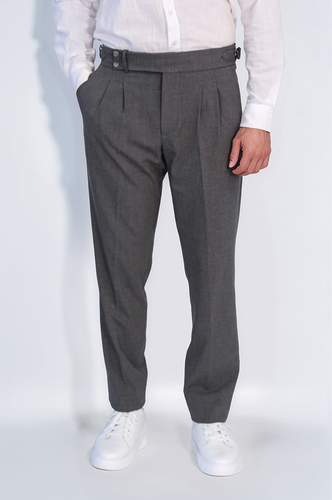 Old Money Stil Çift Pileli Yüksek Bel Toka Detaylı Slim Fit Antrasit Erkek Pantolon – Wessi