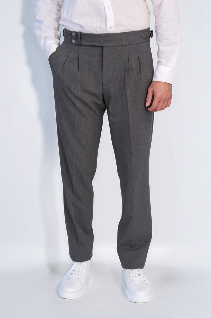 Old Money Stil Çift Pileli Yüksek Bel Toka Detaylı Slim Fit Antrasit Erkek Pantolon – Wessi