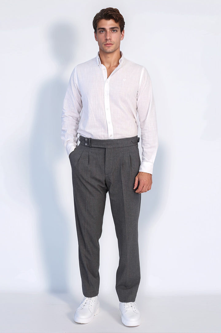 Old Money Stil Çift Pileli Yüksek Bel Toka Detaylı Slim Fit Antrasit Erkek Pantolon – Wessi