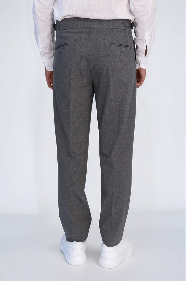 Old Money Stil Çift Pileli Yüksek Bel Toka Detaylı Slim Fit Antrasit Erkek Pantolon – Wessi