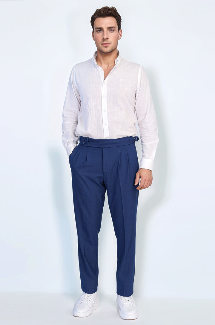 Old Money Stil Çift Pileli Yüksek Bel Toka Detaylı Slim Fit Saks Mavisi Erkek Pantolon – Wessi