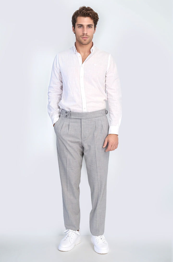 Old Money Stil Çift Pileli Yüksek Bel Toka Detaylı Slim Fit Gri Erkek Pantolon – Wessi
