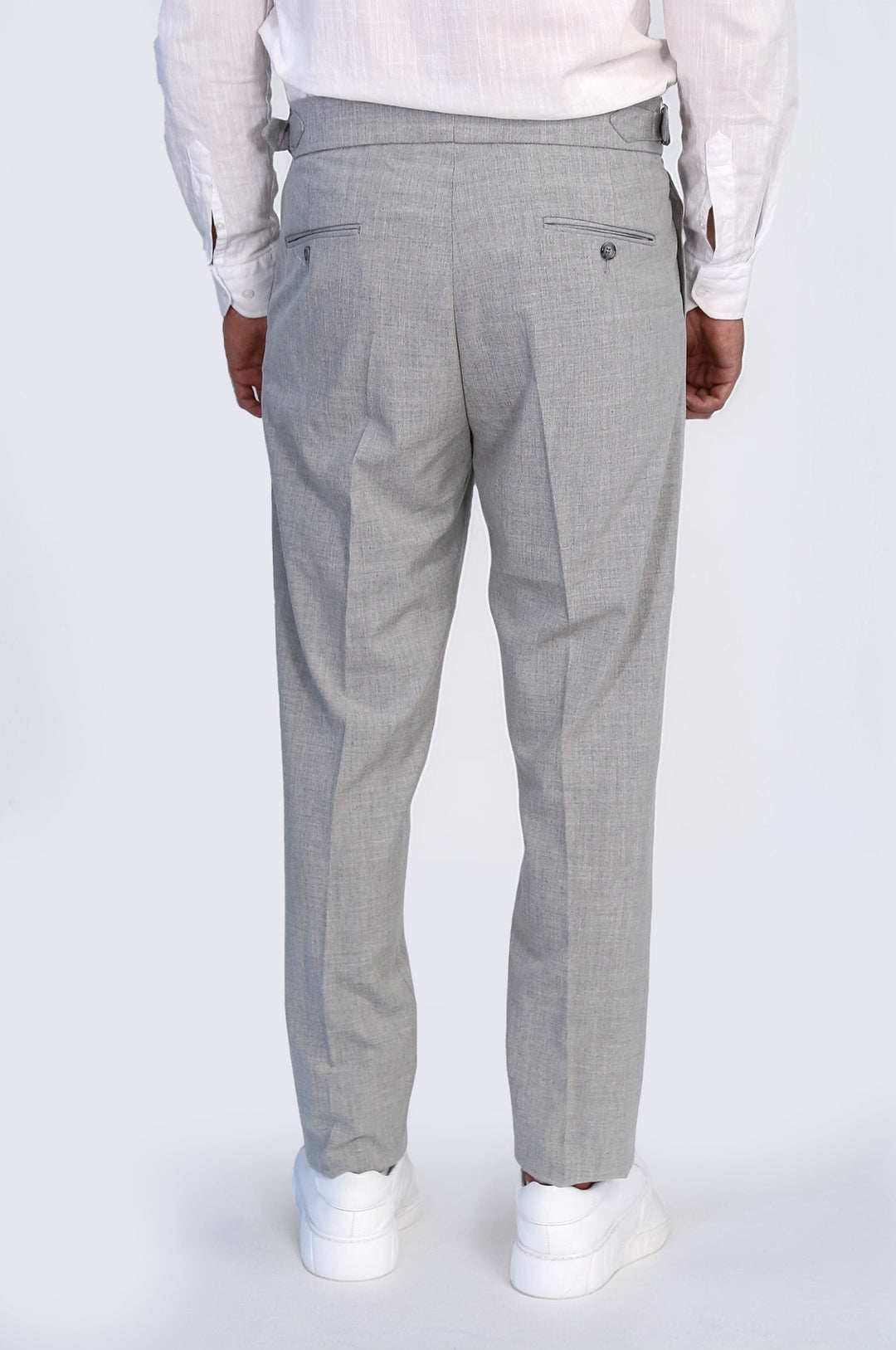 Old Money Stil Çift Pileli Yüksek Bel Toka Detaylı Slim Fit Gri Erkek Pantolon – Wessi