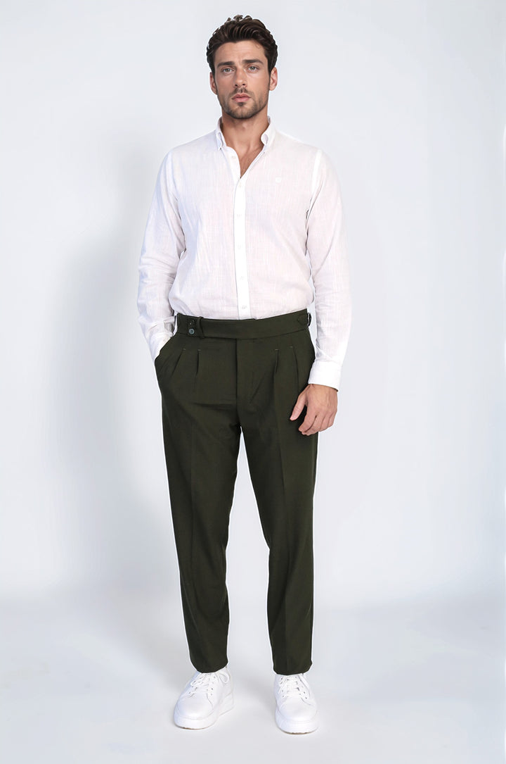 Old Money Stil Çift Pileli Yüksek Bel Toka Detaylı Slim Fit Haki Erkek Pantolon – Wessi