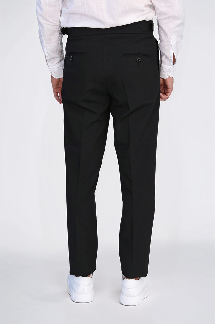Old Money Stil Çift Pileli Yüksek Bel Toka Detaylı Slim Fit Siyah Erkek Pantolon – Wessi