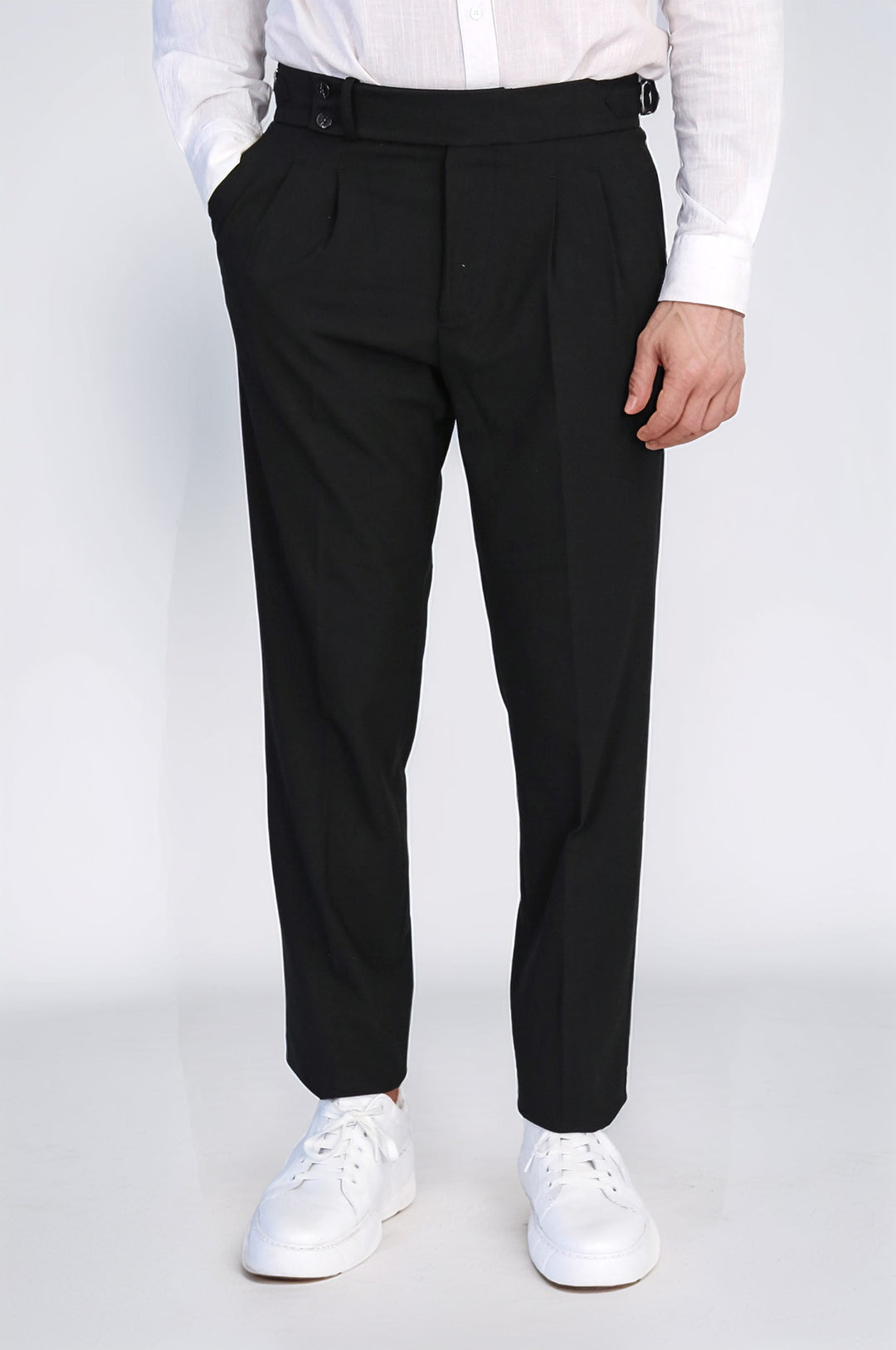 Old Money Stil Çift Pileli Yüksek Bel Toka Detaylı Slim Fit Siyah Erkek Pantolon – Wessi