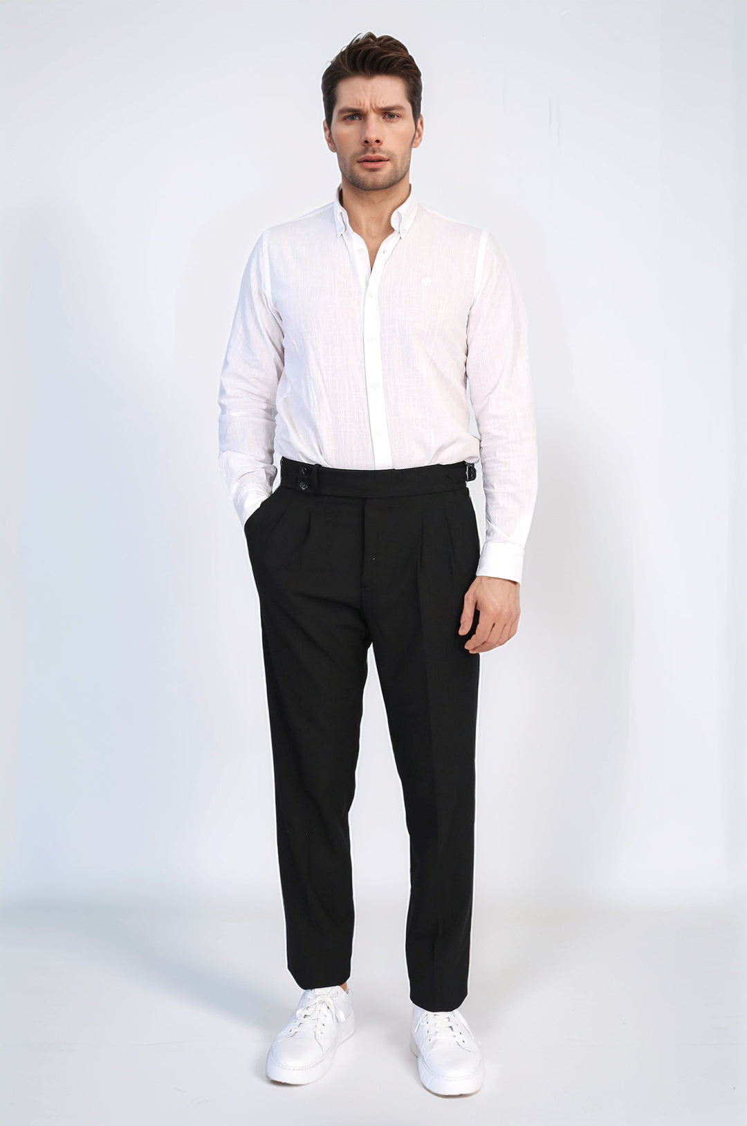 Old Money Stil Çift Pileli Yüksek Bel Toka Detaylı Slim Fit Siyah Erkek Pantolon – Wessi