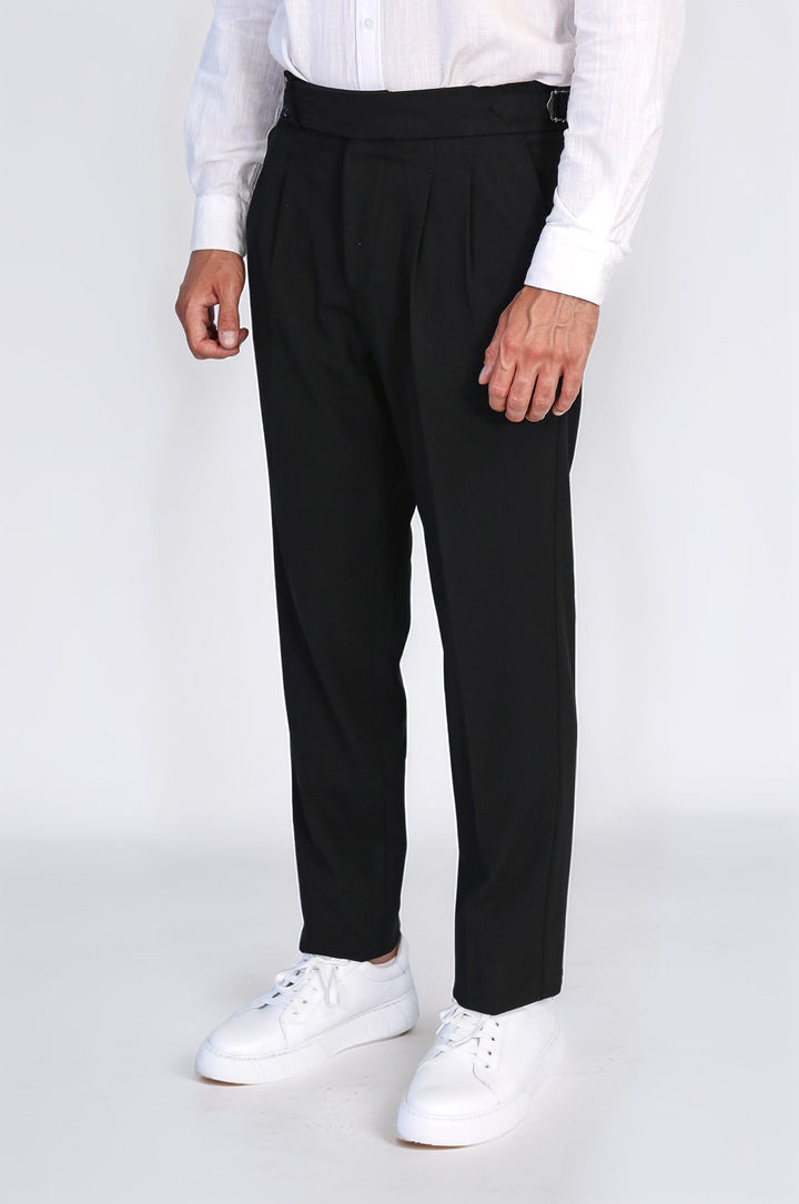 Old Money Stil Çift Pileli Yüksek Bel Toka Detaylı Slim Fit Siyah Erkek Pantolon – Wessi