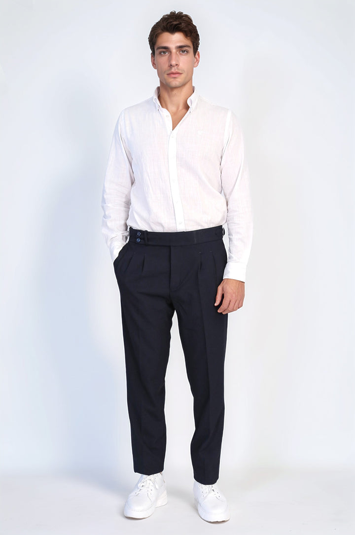 Old Money Stil Çift Pileli Yüksek Bel Toka Detaylı Slim Fit Lacivert Erkek Pantolon – Wessi