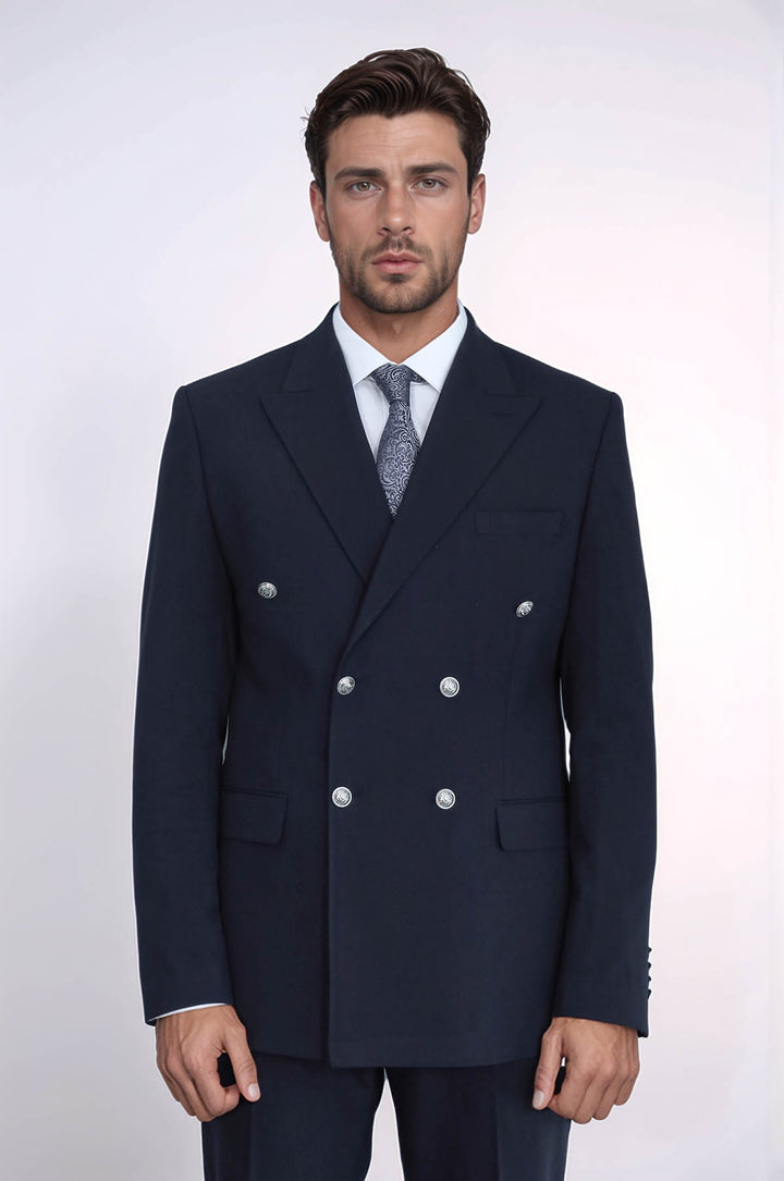Gümüş Renk Metal Düğmeli Slim Fit Kruvaze Lacivert Erkek Takım Elbise – Wessi
