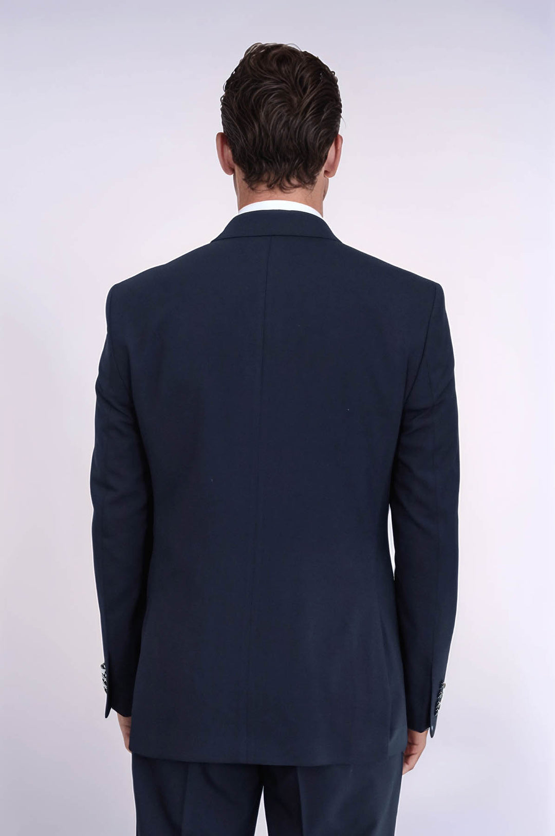 Gümüş Renk Metal Düğmeli Slim Fit Kruvaze Lacivert Erkek Takım Elbise – Wessi