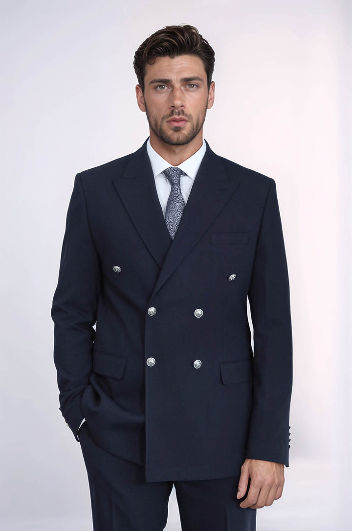Gümüş Renk Metal Düğmeli Slim Fit Kruvaze Lacivert Erkek Takım Elbise – Wessi