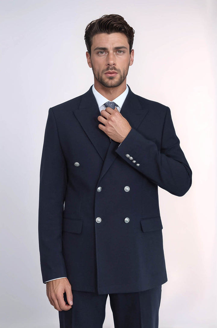 Gümüş Renk Metal Düğmeli Slim Fit Kruvaze Lacivert Erkek Takım Elbise – Wessi