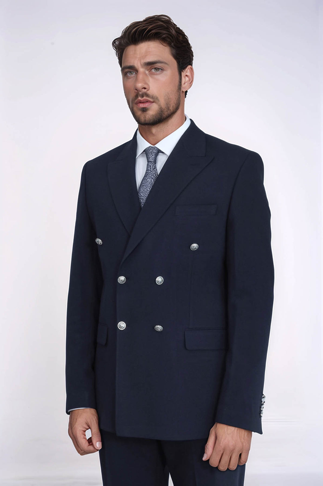 Gümüş Renk Metal Düğmeli Slim Fit Kruvaze Lacivert Erkek Takım Elbise – Wessi