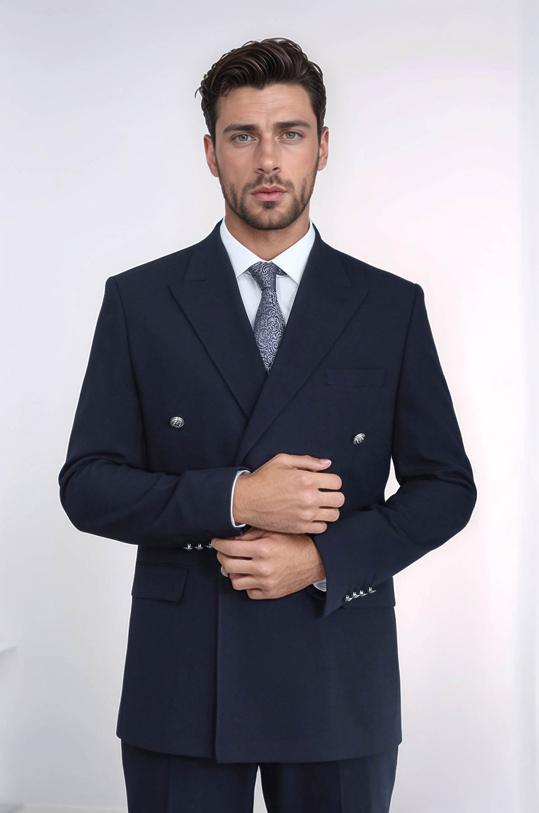 Gümüş Renk Metal Düğmeli Slim Fit Kruvaze Lacivert Erkek Takım Elbise – Wessi