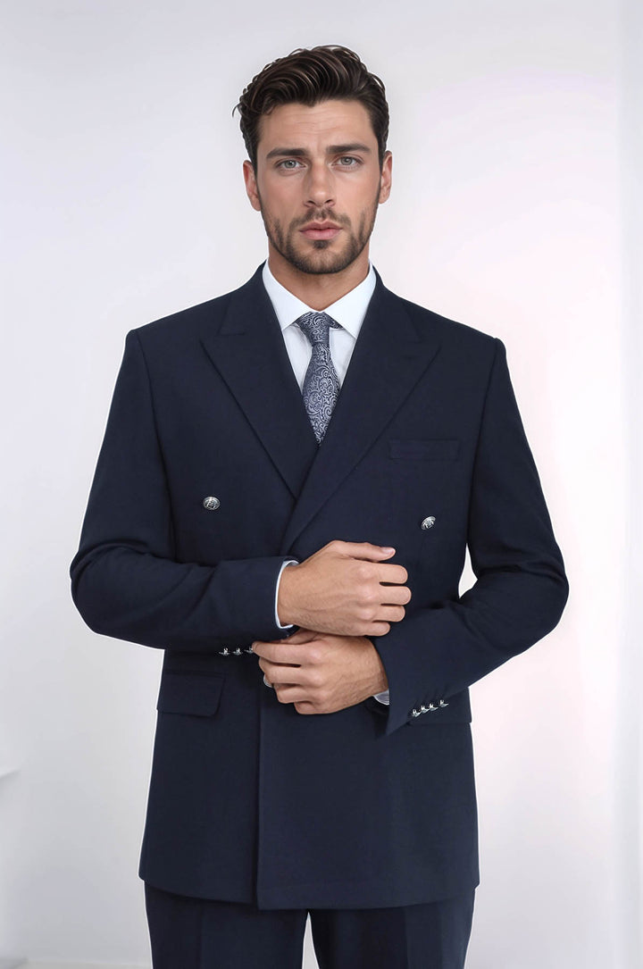 Gümüş Renk Metal Düğmeli Slim Fit Kruvaze Lacivert Erkek Takım Elbise – Wessi