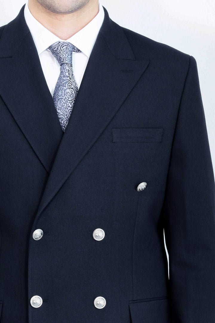 Gümüş Renk Metal Düğmeli Slim Fit Kruvaze Lacivert Erkek Takım Elbise – Wessi