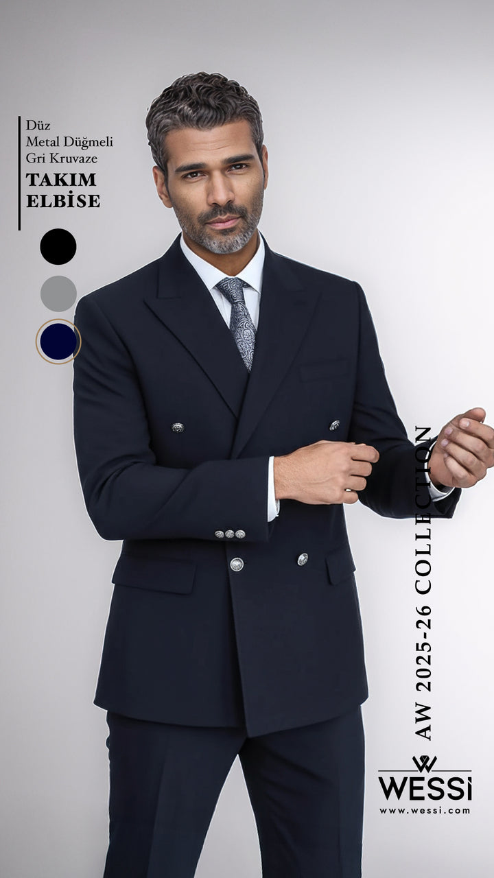 Gümüş Renk Metal Düğmeli Slim Fit Kruvaze Lacivert Erkek Takım Elbise – Wessi