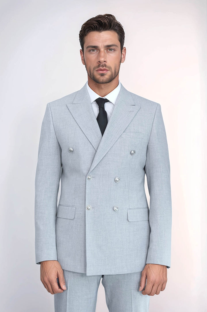 Gümüş Renk Metal Düğmeli Slim Fit Kruvaze Gri Erkek Takım Elbise – Wessi