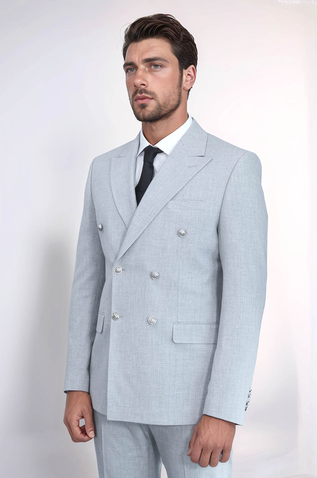 Gümüş Renk Metal Düğmeli Slim Fit Kruvaze Gri Erkek Takım Elbise – Wessi