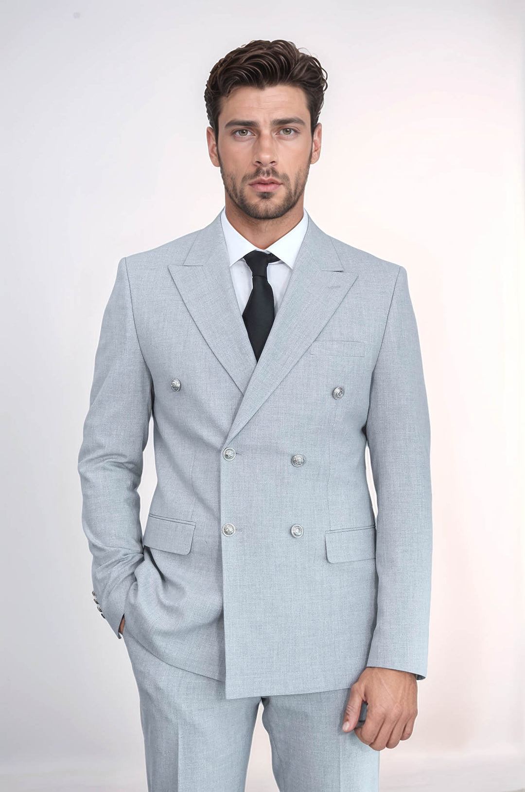 Gümüş Renk Metal Düğmeli Slim Fit Kruvaze Gri Erkek Takım Elbise – Wessi