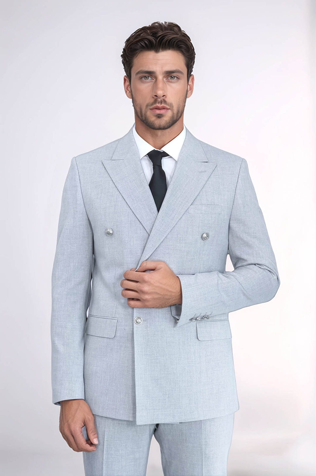 Gümüş Renk Metal Düğmeli Slim Fit Kruvaze Gri Erkek Takım Elbise – Wessi
