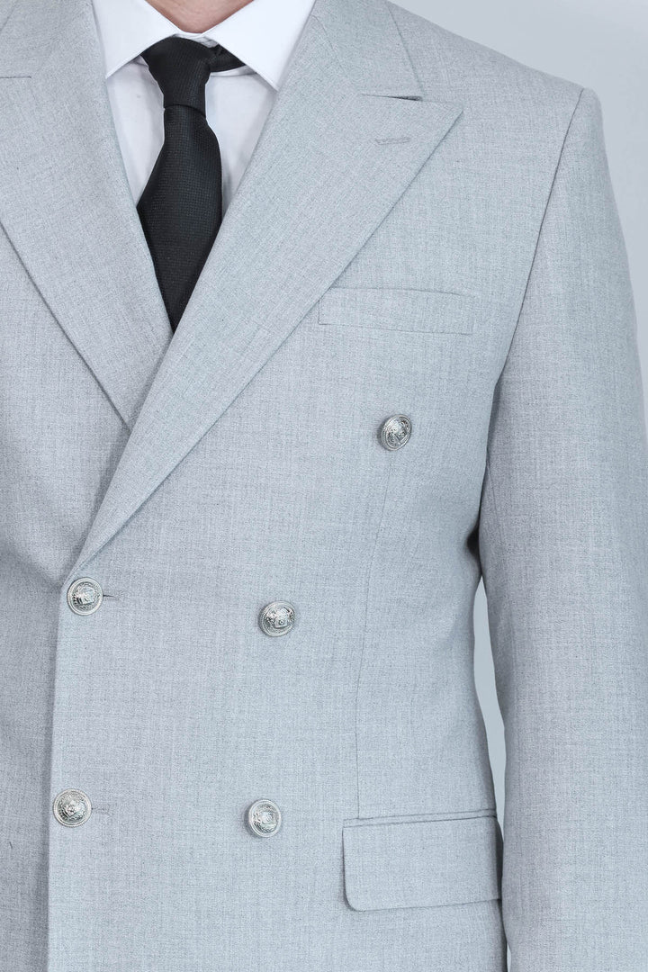 Gümüş Renk Metal Düğmeli Slim Fit Kruvaze Gri Erkek Takım Elbise – Wessi