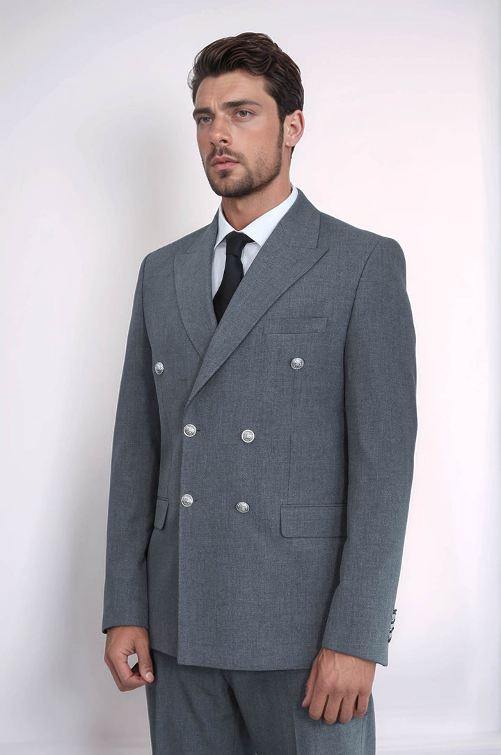 Gümüş Renk Metal Düğmeli Slim Fit Kruvaze Antrasit Erkek Takım Elbise – Wessi