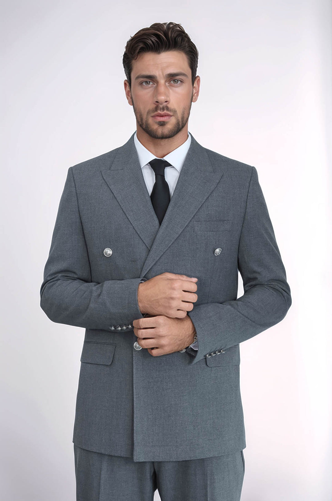 Gümüş Renk Metal Düğmeli Slim Fit Kruvaze Antrasit Erkek Takım Elbise – Wessi