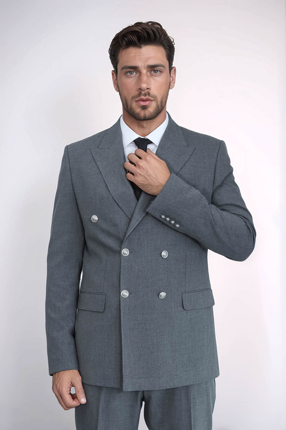 Gümüş Renk Metal Düğmeli Slim Fit Kruvaze Antrasit Erkek Takım Elbise – Wessi