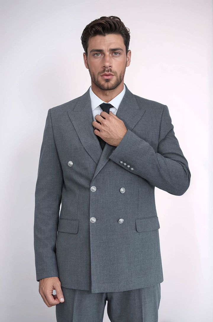 Gümüş Renk Metal Düğmeli Slim Fit Kruvaze Antrasit Erkek Takım Elbise – Wessi