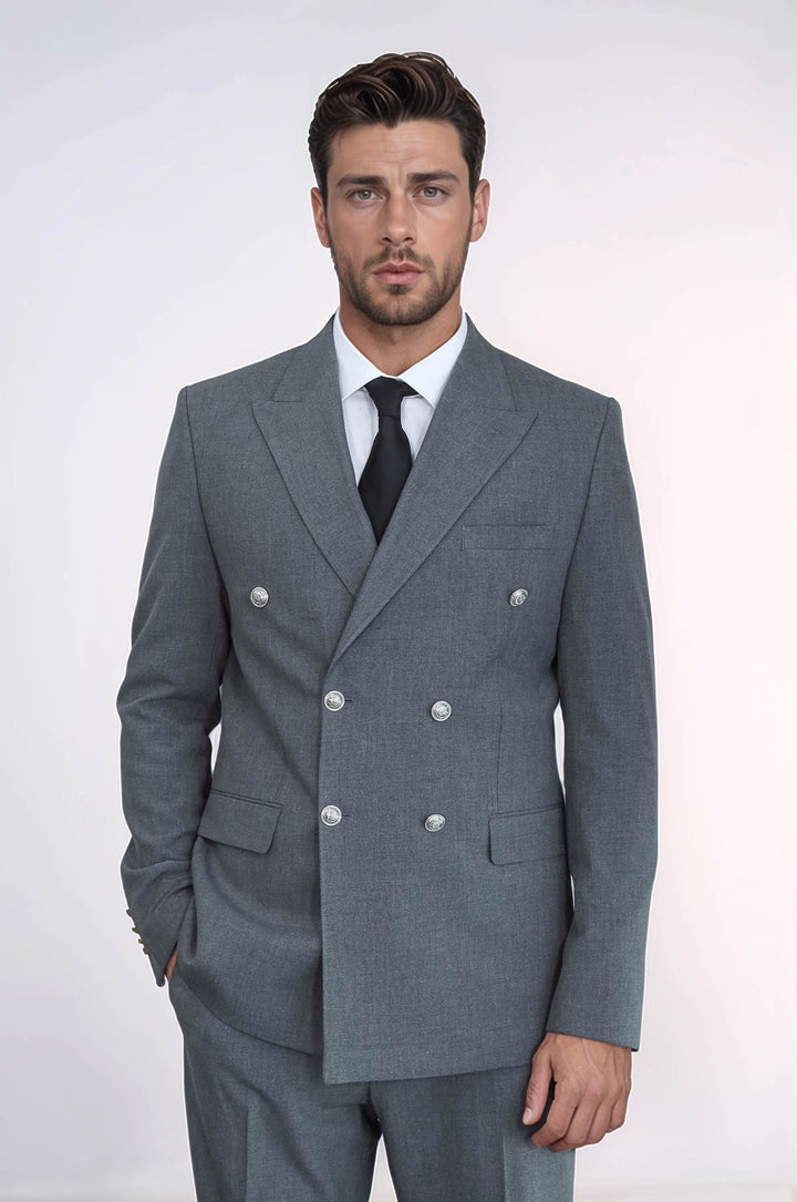Gümüş Renk Metal Düğmeli Slim Fit Kruvaze Antrasit Erkek Takım Elbise – Wessi