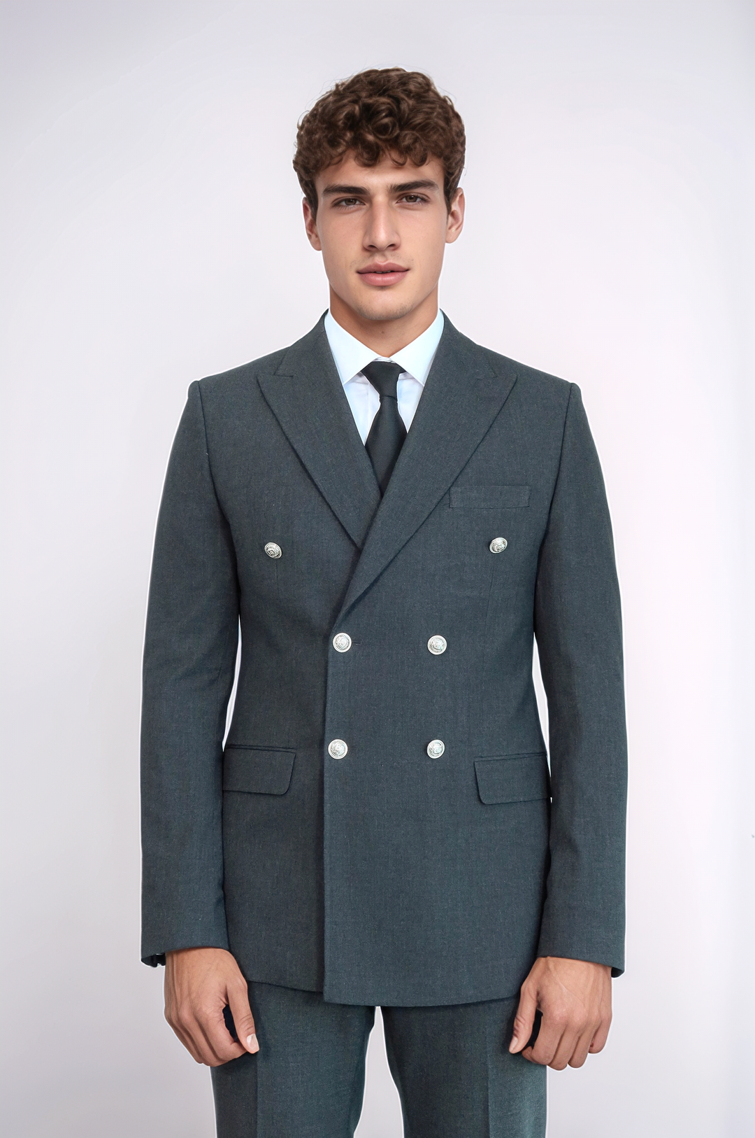 Gümüş Renk Metal Düğmeli Modern Fit Kruvaze Koyu Gri Erkek Takım Elbise – Wessi