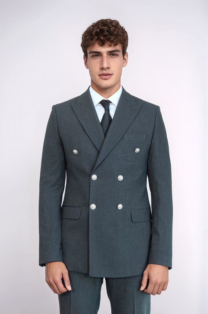 Gümüş Renk Metal Düğmeli Modern Fit Kruvaze Koyu Gri Erkek Takım Elbise – Wessi