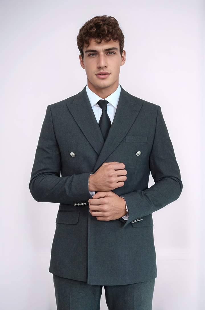 Gümüş Renk Metal Düğmeli Modern Fit Kruvaze Koyu Gri Erkek Takım Elbise – Wessi