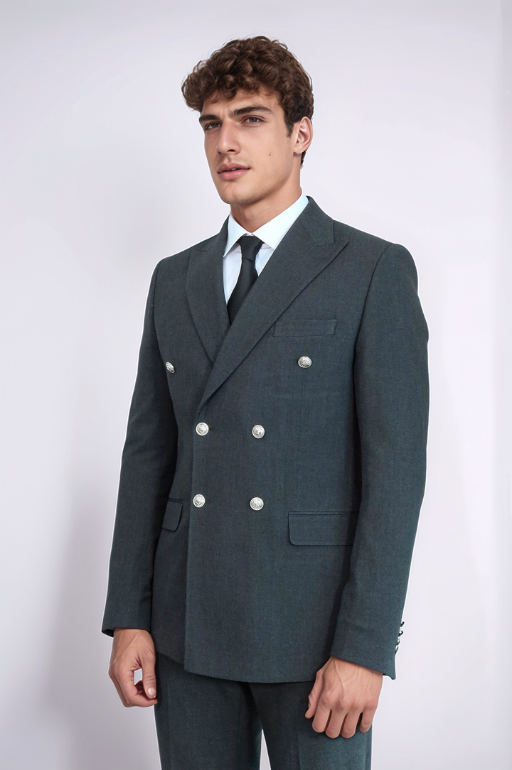 Gümüş Renk Metal Düğmeli Modern Fit Kruvaze Koyu Gri Erkek Takım Elbise – Wessi