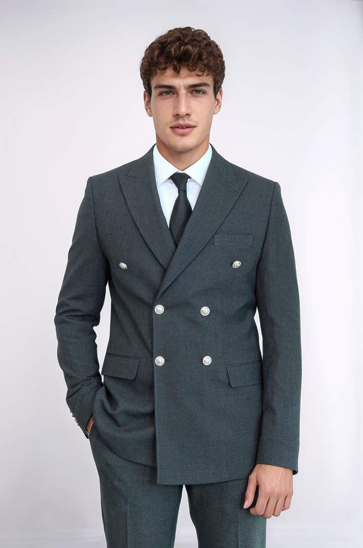 Gümüş Renk Metal Düğmeli Modern Fit Kruvaze Koyu Gri Erkek Takım Elbise – Wessi