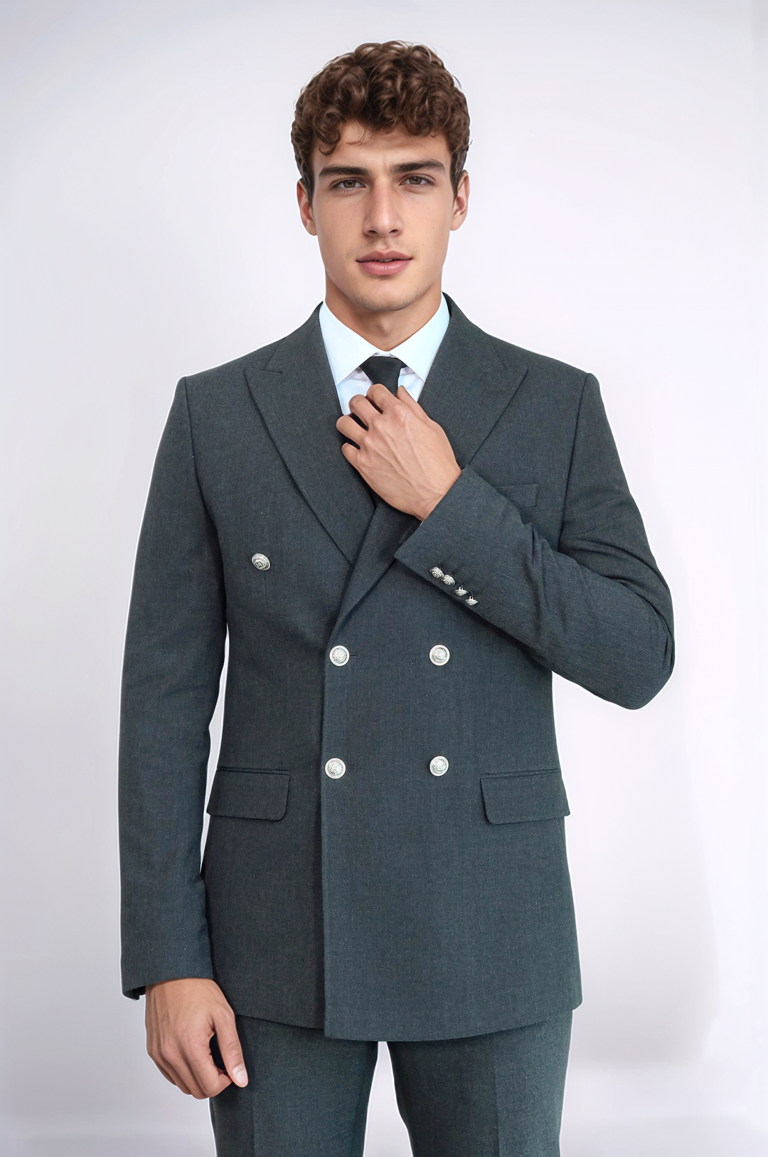 Gümüş Renk Metal Düğmeli Modern Fit Kruvaze Koyu Gri Erkek Takım Elbise – Wessi