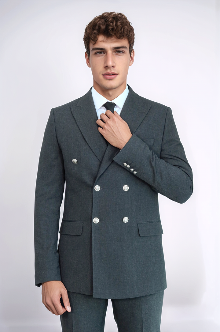 Gümüş Renk Metal Düğmeli Modern Fit Kruvaze Koyu Gri Erkek Takım Elbise – Wessi