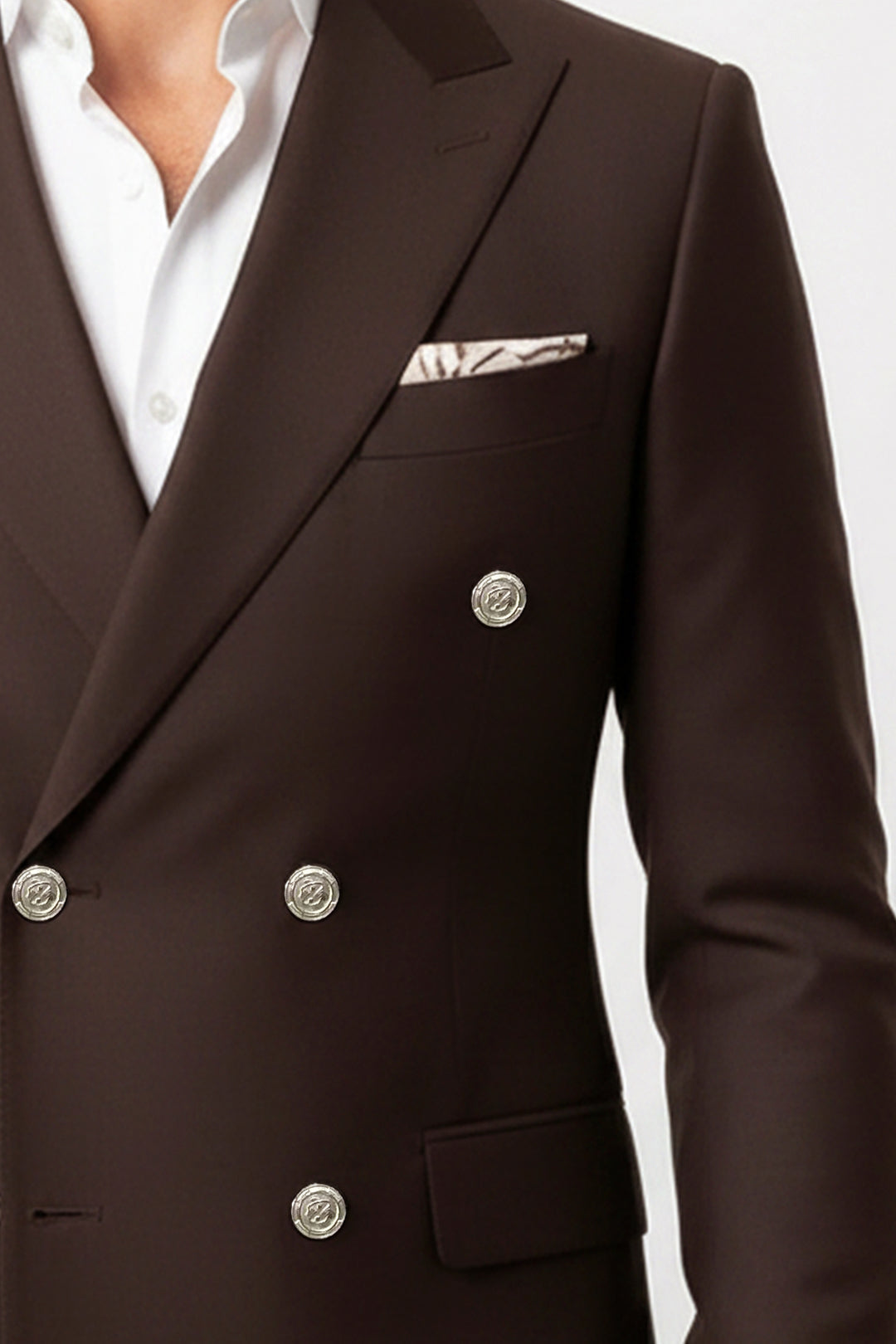 Gümüş Renk Metal Düğmeli Modern Fit Kruvaze Kahverengi Erkek Takım Elbise – Wessi