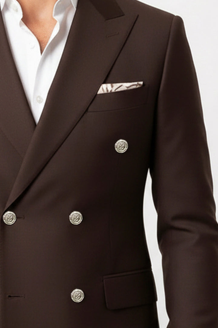 Gümüş Renk Metal Düğmeli Modern Fit Kruvaze Kahverengi Erkek Takım Elbise – Wessi