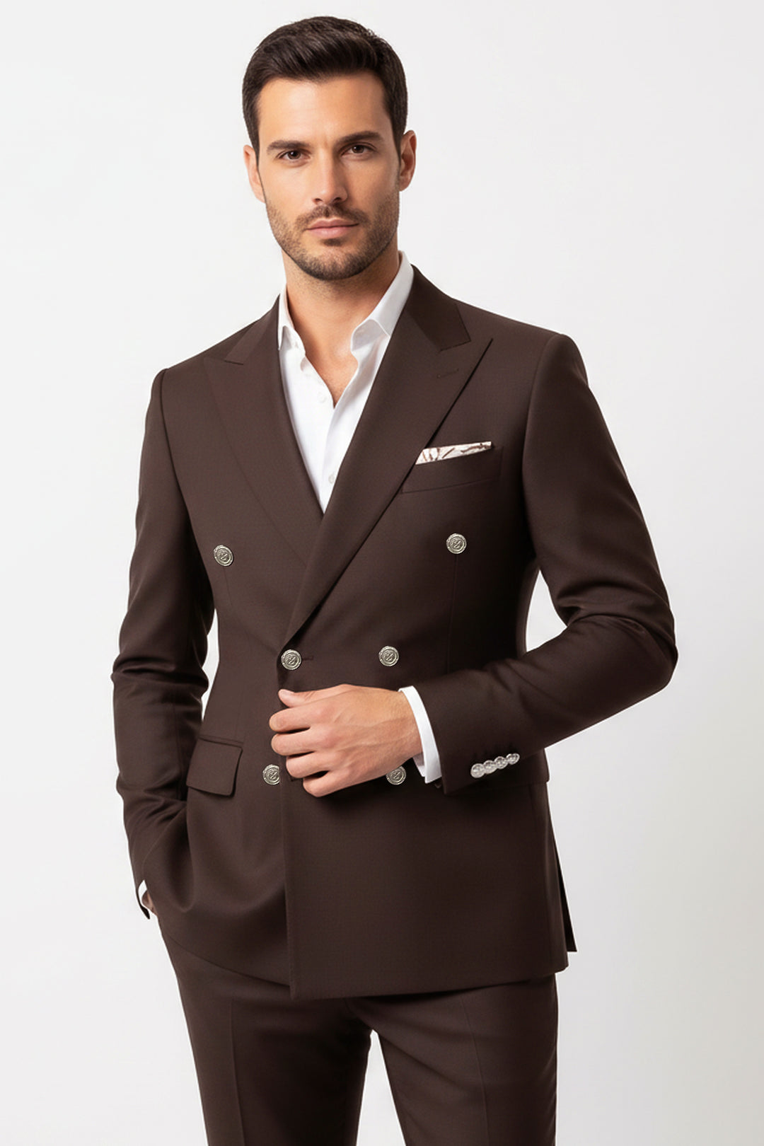 Gümüş Renk Metal Düğmeli Modern Fit Kruvaze Kahverengi Erkek Takım Elbise – Wessi