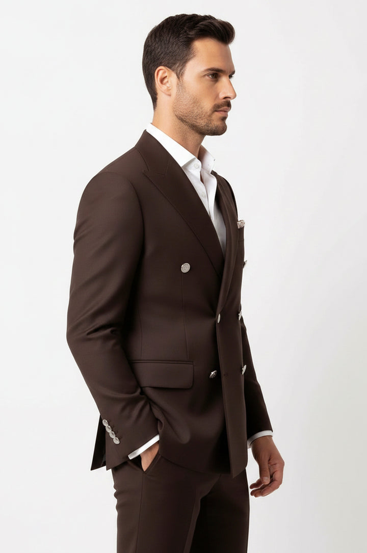 Gümüş Renk Metal Düğmeli Modern Fit Kruvaze Kahverengi Erkek Takım Elbise – Wessi