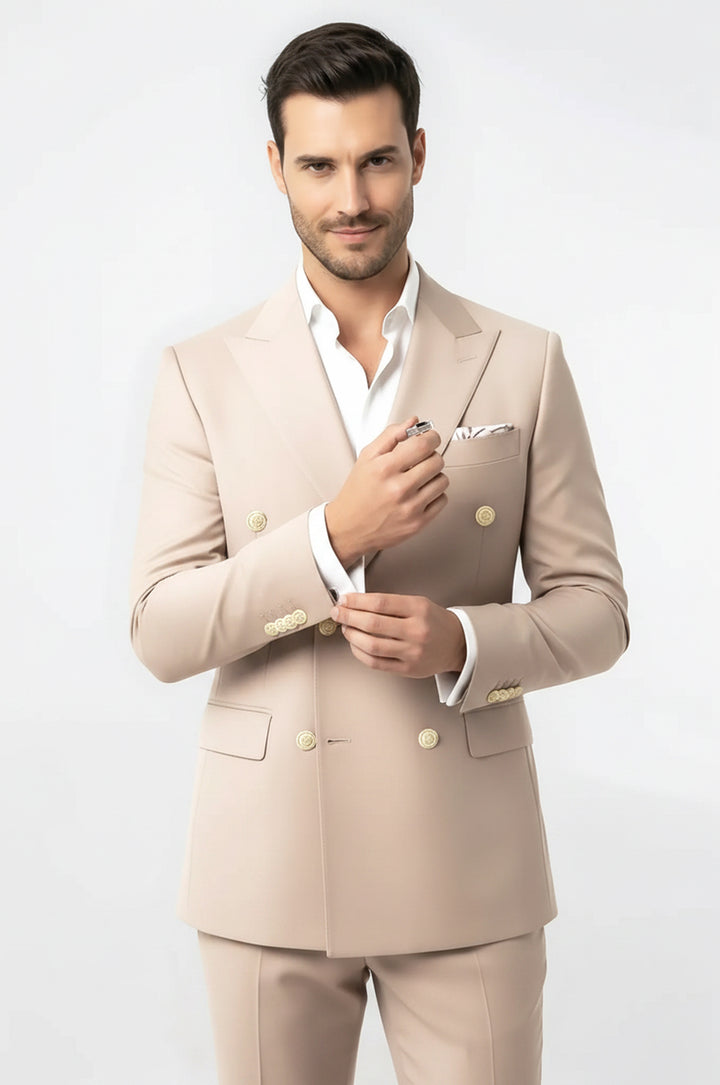Gümüş Renk Metal Düğmeli Modern Fit Kruvaze Bej Erkek Takım Elbise – Wessi