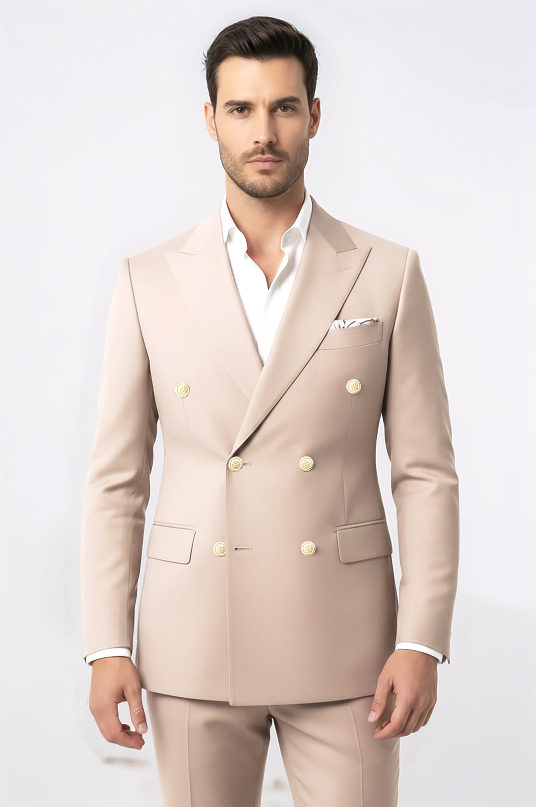 Gümüş Renk Metal Düğmeli Modern Fit Kruvaze Bej Erkek Takım Elbise – Wessi