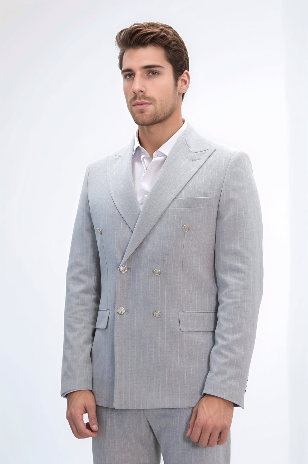 Çizgili Kruvaze Düğme Detaylı Açık Gri Erkek Takım Elbise - Wessi