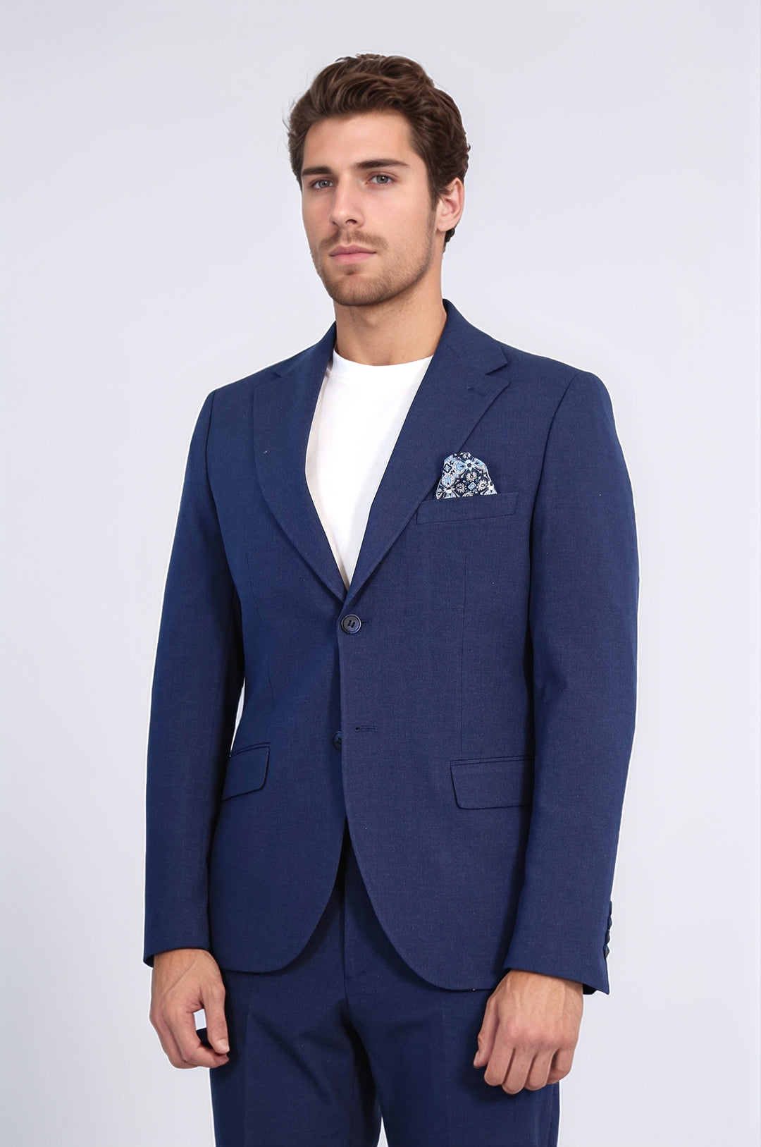Lacivert Slim Fit İki Düğmeli Keten Görünümlü Erkek Takım Elbise - Wessi