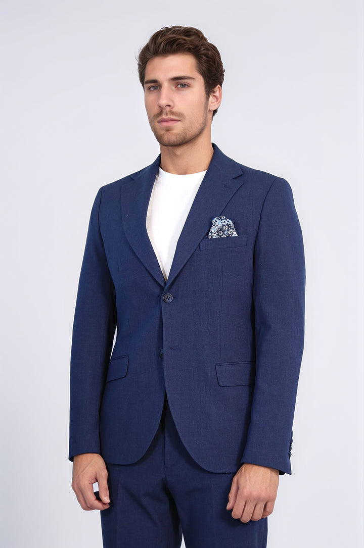 Lacivert Slim Fit İki Düğmeli Keten Görünümlü Erkek Takım Elbise - Wessi